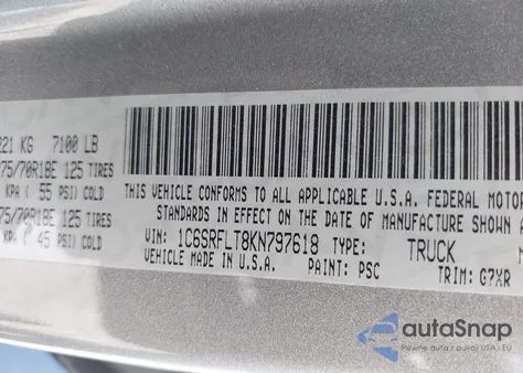 2019 Ram 1500 Rebel 4X4 5'7 Box из США, поврежденный, VIN 1C6SRFLT8KN797618